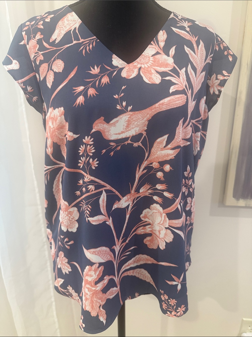 LOFT Navy V-Neck Top with Coral Floral & Bird Print